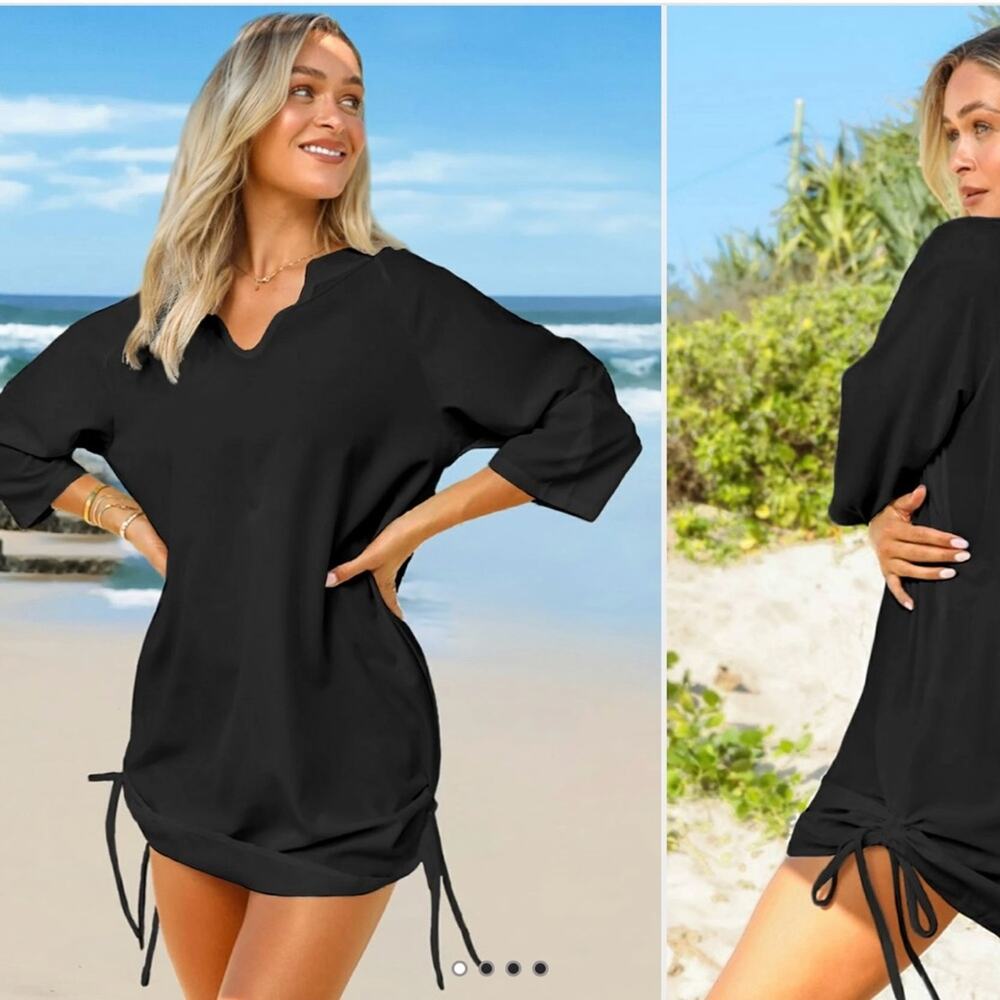 Nwot Split Neck Solid Drawstring Side Cover Up - image 1